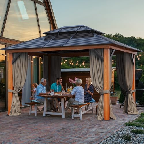 WELYAS Aluminum Hardtop Gazebo 10' X 12' Heavy Duty All Weather Wood Color Gazebos with Galvanized Steel Double Metal Roof for Garden Patio Deck Backyard, Curtains and Netting Included WELYAS