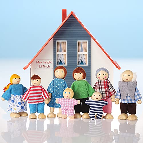 Jzszera Wooden Doll House People of 8 Figures, Dolls Family Set for Girls Toddler Kids Dollhouse Accessories Toy Jzszera