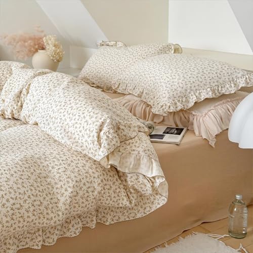 AOJIM Muslin Cotton Kids Duvet Cover with Ruffled Edges for Boys Girls, 1 Piece Soft Pure Cotton Comforter Cover Twin Size 68X86'', Camellia Kids Bedding Duvet Cover for Room Decor, No Quilt/Pillow AOJIM