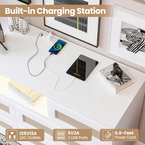GarveeHome Natural Rattan Dresser for Bedroom with LED Light and Charging Station, 6 Drawer Double Dressers, Modern Wooden Dresser Chest, Beside Table for Closet, Nursery, Living Room, White GarveeHome