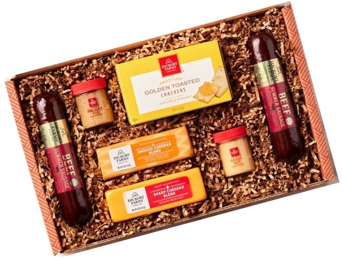 Hickory Farms Gift Basket Hearty Beef Summer Sausage and Cheese Sampler with bonus Holiday Magnet - Meat and Cheese Set including 2 Sausages, Smoked Cheddar Blend 4 oz, Farmhouse Cheddar 4 Oz Hickory Farms