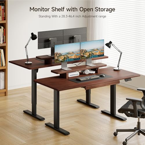 ONBRILL Standing Desk with Drawer, 47x23.6 Inches Solid Wood Desktop Stand Up Desk with Whole-Piece Board and Storage Shelf, Adjustable Height from 28-46 Inches for Home & Office, Black Walnut ONBRILL