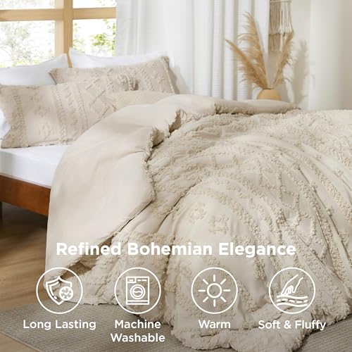 Bedsure Tufted Boho Comforter Set Full Size - Beige Boho Bed Set, GentleSoft™ 3 Pieces Farmhouse Shabby Chic Embroidery Bedding, Gifts for Woman, Soft Jacquard Full Comforter for All Seasons Bedsure