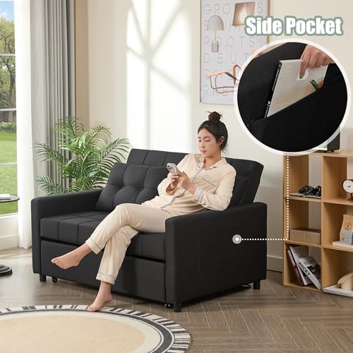 GOSUHI 52" Sleeper Sofa with Pull-Out Bed, 3-in-1 Convertible Sofa Bed, Set of Loveseat with Stepless Adjustable Backrest and Side Pocket, for Living Room Dorm Apartment, Linen, Black GOSUHI