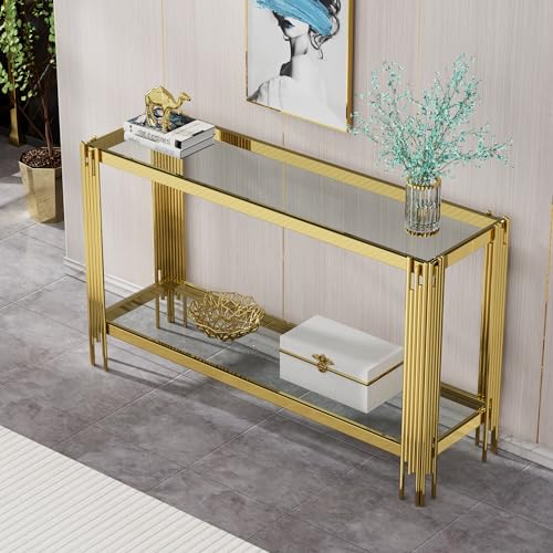 55 Inch Modern Luxury Console Table Clear Glass Sofa Table w/Gold Stainless Steel Pipe Frame, 2-Layer Narrow Table Accent Table for Living Room, Home Entayway Table Foyer Table for Entrance Hallway Henf