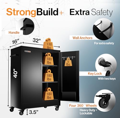 METALTIGER Metal Storage Cabinet with Wheels, 40" H Small Cabinet, Locking Storage Cabinet with Doors, Shelves & Accessories for Garage, Office, Home (Black) METALTIGER