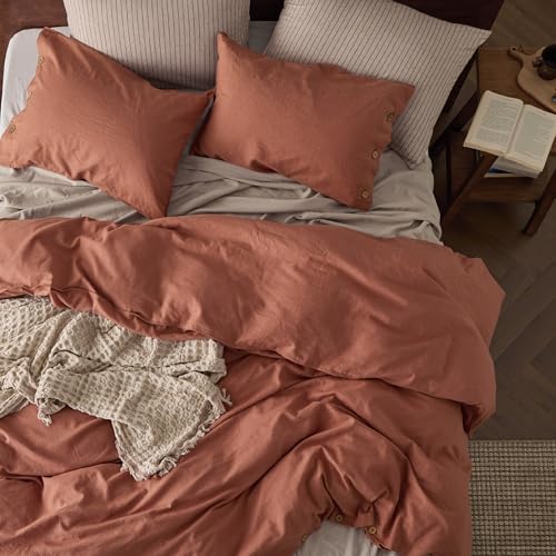 Bedsure Linen Duvet Cover King - Linen Cotton Blend Bedding Set, Soft & Cozy, 3 Pieces, 1 Duvet Cover 104x90 Inches and 2 Pillowcases, Burnt Orange Color Cooling Bedding, Comforter Sold Separately Bedsure