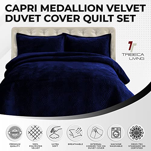 Tribeca Living Oversized Velvet Quilt Set Queen - Buttery Soft 260GSM Velvet Bedding for Luxurious Comfort - Double-Sided Capri Medallion Quilted Design in Rich Navy Blue Tribeca Living