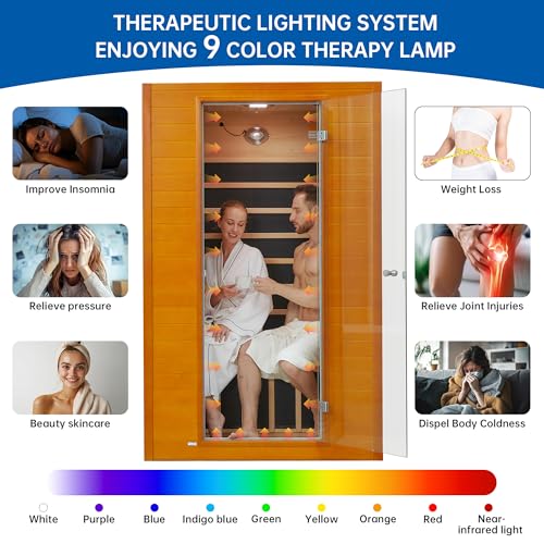 RESTISLAND Infrared Sauna Room for Home, Near Zero EMF Wooden 2 Person Indoor Infrared Sauna at Home with Bluetooth, LCD Control Panel, Chromo Therapy Light RESTISLAND