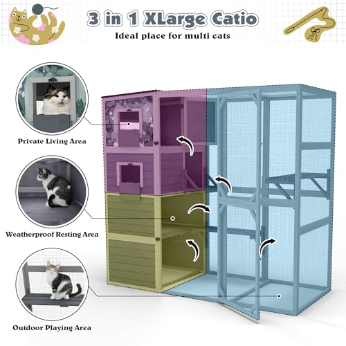 COZIWOW Large Wood Cat Catio, Outdoor Enclosure with Weatherproof Roof, 2 Resting Rooms, 2 Platforms, 4-Tier Cat Playpen (Grey with Pattern) COZIWOW