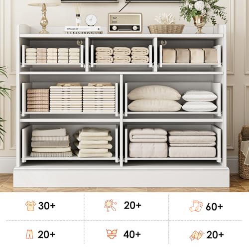 HOSTACK Modern 7 Drawer Double Dresser for Bedroom, Wide Chest of Drawers with Fence, Wood Storage Organizer with Metal Handle & Fluted Glass, Accent Storage Cabinet for Living Room, Entryway, White HOSTACK