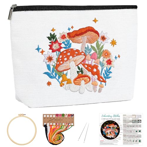 Louise Maelys Embroidery Kit for Beginners,Canvas Makeup Bag,Cross Stitch Kits for Adults,Arts Crafts Needlepoint-Mushroom Flower Pattern