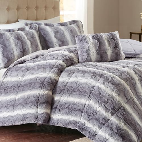Madison Park Zuri Soft Plush Comforter Set, Faux Fur Animal Stripes Design, Faux Mink On The Reverse, Modern All Season Bedding Set with Matching Sham, King, Grey 4 Piece Madison Park