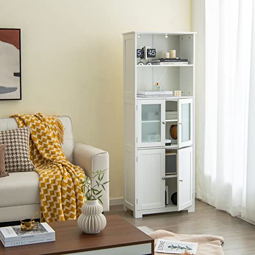 Tangkula Tall Bathroom Storage Cabinet, Freestanding Floor Cabinet w/2 Glass Doors & 2 Open Shelves, 3-Position Adjustable Shelves, Anti-toppling Design, 64” Tall Pantry Cupboard for Kitchen Tangkula