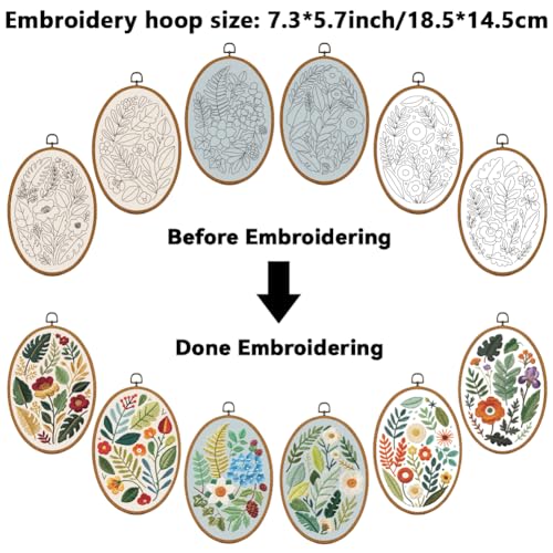ORIGACH 6 Pack Plants Leaves & Flower Embroidery Kits for Beginners, DIY Starter Hand Embroidery Kit with Floral and Leaf Patterns and Instructions for Adults Women Crafting