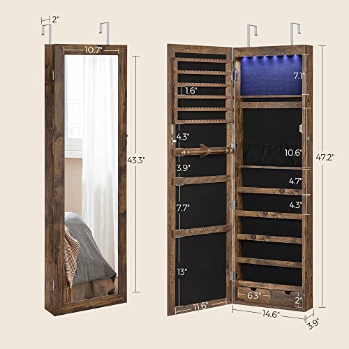 SONGMICS 6 LEDs Mirror Jewelry Cabinet, 47.2-Inch Tall Lockable Wall or Door Mounted Jewelry Armoire Organizer with Mirror, 2 Drawers, 3.9 x 14.6 x 47.2 Inches, Rustic Brown UJJC93CB SONGMICS