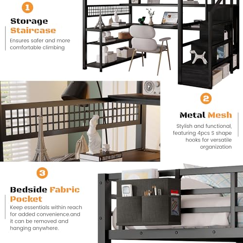 MoproBeti Full Size Loft Bed with Stairs and Desk,Metal Gaming LoftBed with LED Lights,Charging Station, High Loft Beds Frame Full with Storage Shelves,Wardrobe for Teens, Adults, Black MoproBeti