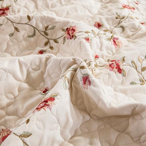 Quilt Set Classical 3D Floral Embroidery Pattern 3-Piece Cotton Reversible Quilted Embroidered Decorative Bedspreads Coverlet Bedding Set, Lightweight &Soft,Beige,King Size ROOMLIFE