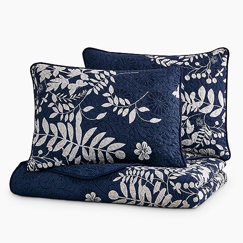 Wake In Cloud - Floral Quilt Set, Botanical Elegant Flower Tree Leaf Modern Pattern Printed, Reversible Lightweight Bedspread Coverlet, 3 Pieces, Navy Blue Gray, Queen/Full Size Wake In Cloud