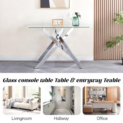 ModaWhly Glass Console Table, Narrow Entryway Table with Tempered Glass Top and Silver Metal Legs, Modern Sofa Table for Hallway, Foyer, Living Room, Office ModaWhly