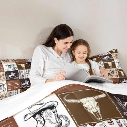 Cowboy Comforter Set Twin Size,Southwestern Aztec Country Horse Bedding Set 2pcs,Rustic Ranch Retro Animal Down Comforter,Brown Patchwork Farmhouse Bed Set for Kids Boys Teens,1 Pillowcase,No Sheets Manfei