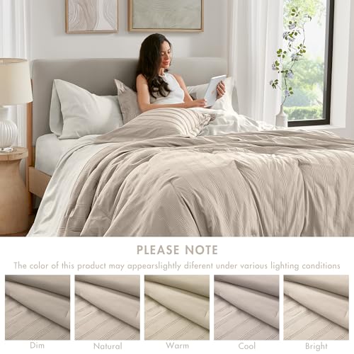 Madison Park Essentials Striped Comforter Set Queen, 7 Pieces Modern Minimalist Jacquard Bedding Set for All Season, Bed in A Bag with Sheet Set and Soft Brushed Reverse, Lightweight Neutral Madison Park Essentials