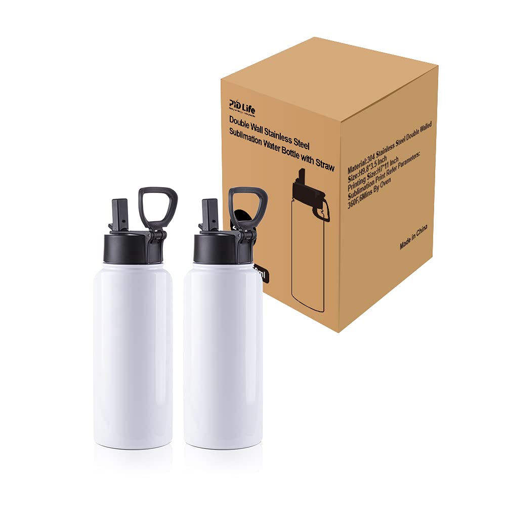 PYD Life 2 Pack Sublimation Blank Tumbler 32 OZ White Vacuum Flask Stainless Steel Sports Wide Mouth Water Bottle with Straw and Portable Handle PYD Life