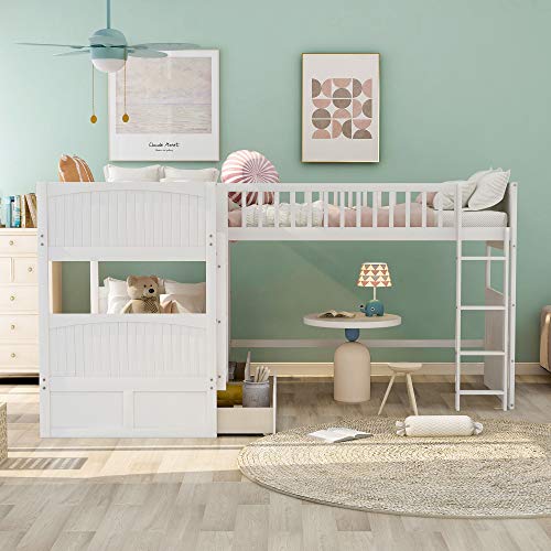 Merax L Shaped Bunk Beds for 3, Triple Bunk Bed with Ladders and 2 Storage Drawers, Twin Over Twin Bunk Bed with Twin Size Loft Bed Attached, Wooden Bunk Bed Frame for Kids Teens Adults,White Merax