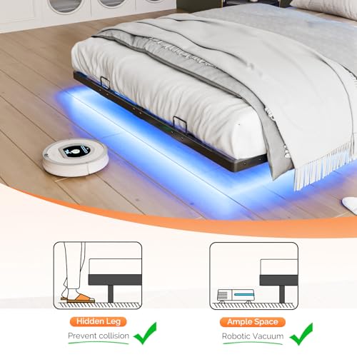 VINGLI Full Size Floating Bed Frame with Headboard, LED Lights & Charging Station, Cozy Velvet Upholstered Headboard, Hidden Storage, Heavy Duty Metal Frame, No Box Spring Needed, Easy Assembly, Black VINGLI