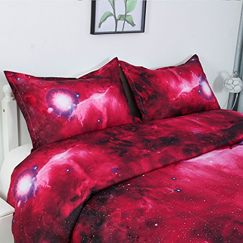 uxcell Full/Queen Size Galaxies Red Comforter Sets - 3D Outer Space Themed Bedding - All-Season Down Quilted Duvet - Reversible Design- Includes 1 Comforter, 2 Pillow Cases uxcell