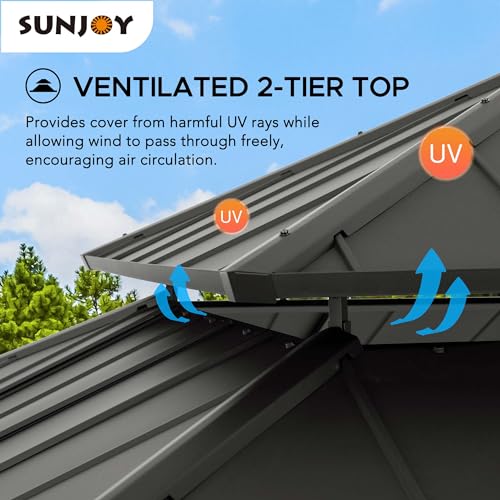 Sunjoy 13 x 15 ft. Wood Gazebo, Outdoor Patio Steel Hardtop Gazebo, Cedar Framed Wooden Gazebo with 2-Tier Metal Roof, Suitable for Patios, Lawn and Backyard, Dark Brown Roof + Dark Wood Frame Sunjoy