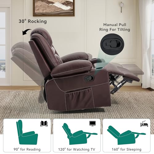 YITAHOME Recliner Chair,PU Rocking Chair for Adults,Swivel Recliner with Cup Holders,Heat and Massage,Single Sofa Seat with Side Pockets for Living Room/Bedroom,Brown YITAHOME