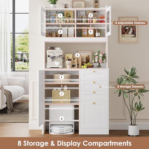 70.8"H Tall Robot Vacuum Stand Cabinet with 4 Drawers for Hanging Files, Pantry Storage Cabinet with Microwave Stand Printer Stand and Adjustable Shelves Bookcase for Living Room, Office, White Keyluv