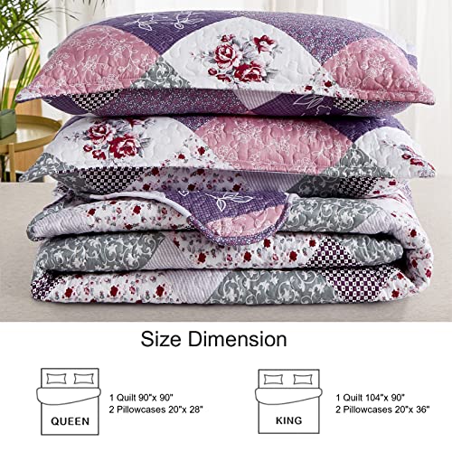 Dinjoy Purple Quilt Set Queen Size, Reversible Floral Plaid Patchwork Pattern Bedding Set Soft Microfiber Lightweight Bedspread Coverlet 3 Piece Spring Summer Use (90x90 inches) Dinjoy