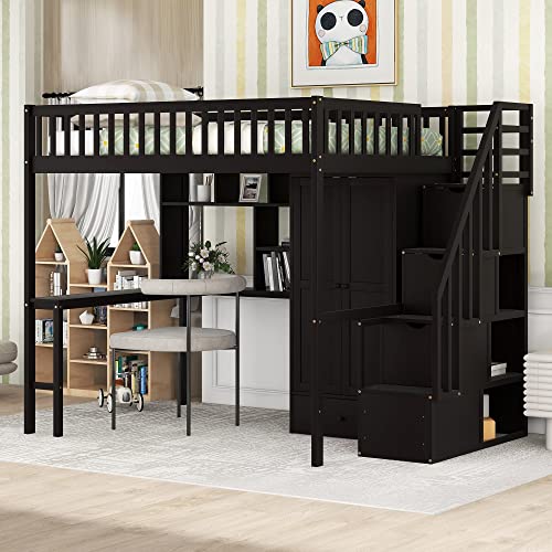 Full Size Loft Beds Stairway Loft Bed Frame with Wardrobe, Desk, Bookcase and Drawers, Espresso Merax