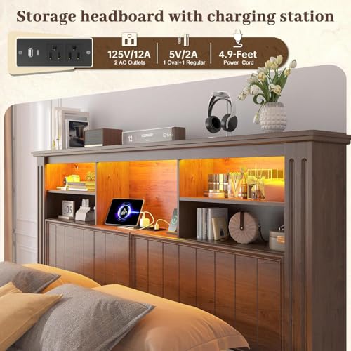 EnHomee King Size Bed Frame with 4 Storage Drawers, King Bed Frame and Headboard with LED Lights & Charging Ports,No Box Spring Needed,NO Noise,Wooden,Brown EnHomee