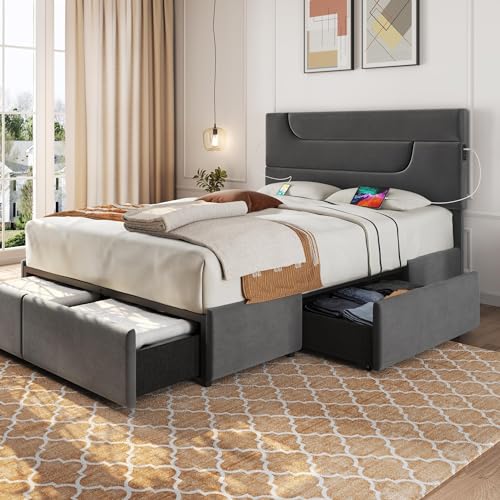 Yaheetech Dark Gray Upholstered Queen Bed Frame with USB Charging and 4 Storage Drawers Yaheetech
