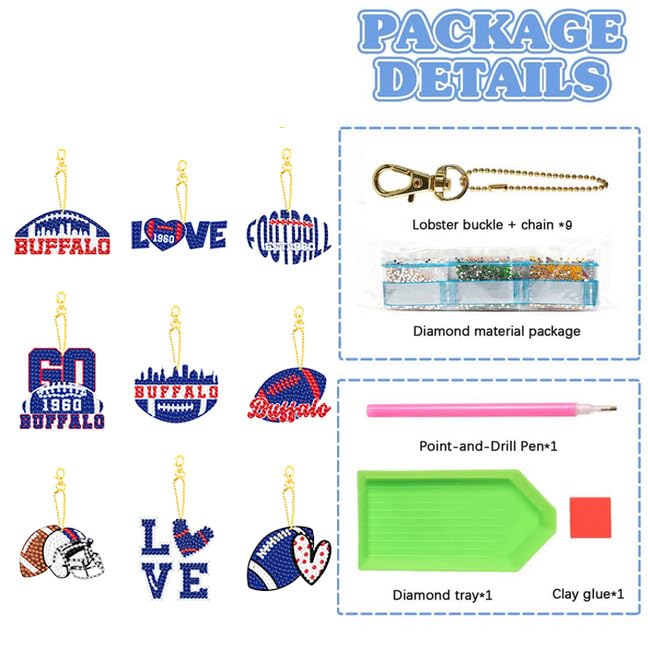 Rertcioph 9 Pcs Football Diamond Painting Kits DIY Double Sided Diamond Art Keychains Hanging Ornament Kits Fans Gift for Buffalo Art Craft Rertcioph
