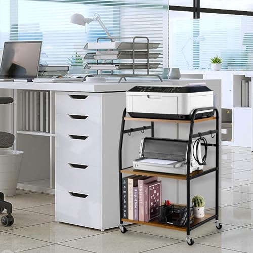 Vividwood Printer Stand - Large 3 Tier Printer Table with Adjustable Storage Shelf - Rolling Printer Cart with Wheels -Stable Desk for Printer Home Office Use (Rustic Brown) Vividwood