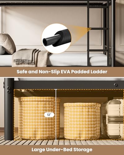 Mixcous Full Over Full Bunk Bed, Convertible into 2 Full Beds, Heavy-Duty Metal Bed Frame with Safety Full-Length Guardrails & EVA Padded Ladder for Adults, Teens, Kids, No Box Spring Needed, Black Mixcous
