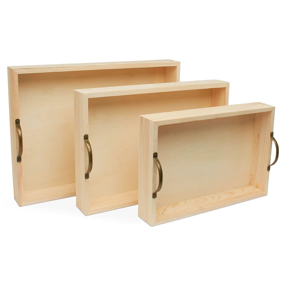 Unfinished Wood Nesting Serving Trays with Handles, 2 Sets of 3, Play Tray for Crafting, Resin, Organizing, & DIY Décor, by Woodpeckers Woodpeckers