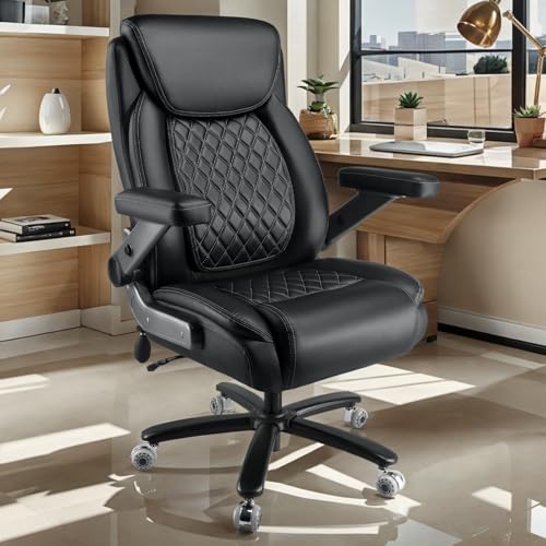 600LBS Large Heavy Duty Office Chair with 5D Flip Arms,Comfy Big and Tall Executive Office Desk Chair with Pocket Spring Cushion,High Back Computer Chair with Lumbar Support,Dual Rubber Wheel Indulgear