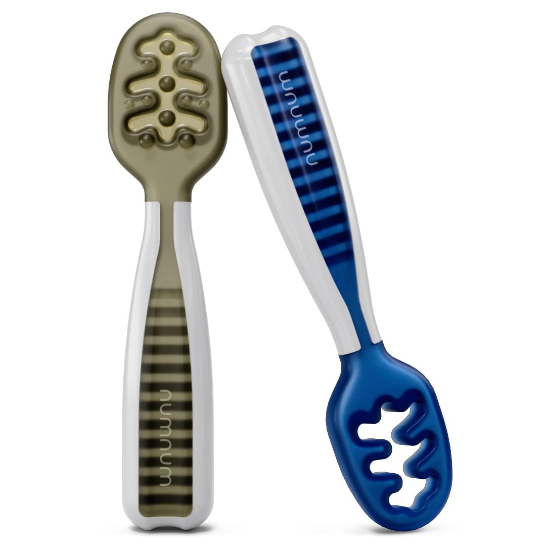 NumNum Baby Spoons Set, Pre-Spoon GOOtensils for Kids Aged 6+ Months - First Stage, Baby Led Weaning (BLW) Spoon - Self Feeding, Silicone Toddler Food Utensils - 2 Spoons, Olive/Navy NumNum