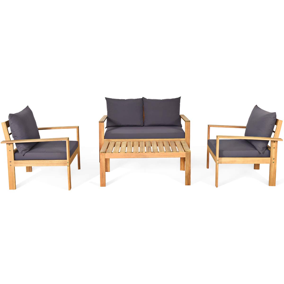 COSTWAY 4 Pieces Outdoor Acacia Wood Sofa Set, Outdoor Conversation Sofa Set with Table & Cushions Porch Chairs for Garden, Patio, Deck COSTWAY