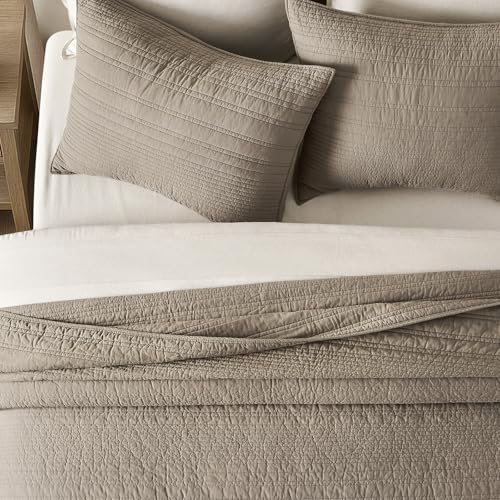EVERGRACEHOME 100% Cotton Modern Lines Quilt Set King Size, Pre-Washed Soft Striped Coverlet Bedspread, 3 Piece Lightweight Bedding Set for All Season, with 2 Pillow Shams, Stone Taupe EVERGRACEHOME