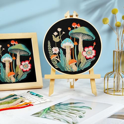 Mushroom Embroidery Kit for Beginners Adults, Stamped Hand Embroidery Kit, Embroidery Starter Kit with Floral and Mushroom Design, Cross Stitch Kits with Printed Embroidery Cloth and Embroidery Tools