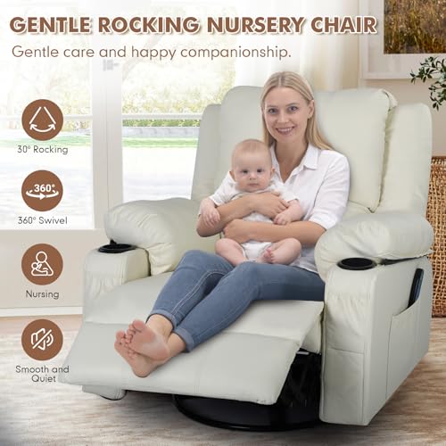 Comermax Faux Leather Rocker Recliner with Heat and Massage Cup Holders, Overstuffed Rocking Recliner Swivel Glider Chair for Nursery Heated Massaging Reclining Chair, Cream White