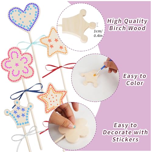 WATUNID 56Pcs Princess Fairy Wands Kit, 4 Styles Unfinished Wooden Fairy Wand with Gem Stickers, Paint, Ribbons, Make Your Own Princess Wand Craft Kits, DIY Art Magical Show Party Supplies for Girls WATUNID