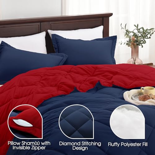 Basic Beyond Queen Navy and Red Comforter Set - 1 Comforter (88"x92") and 2 Pillow Shams (20"x26"+2") Basic Beyond