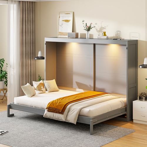 FUvellamo Queen Size Murphy Bed with LED Lights, Wood Space-Saving Hidden Folding Bed Chest, Wall Bed Frame for Small Space, Gray FUvellamo